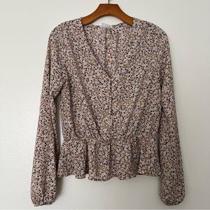 SIENNA SKY Blouse Beige White Floral Long Sleeve Button Front Elastic Peplum M